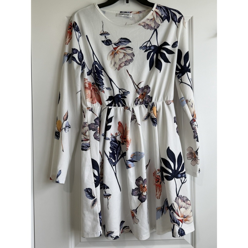 Angashion Women's Dress Casual Floral Long Sleeve Swing Skater Dress Size XL